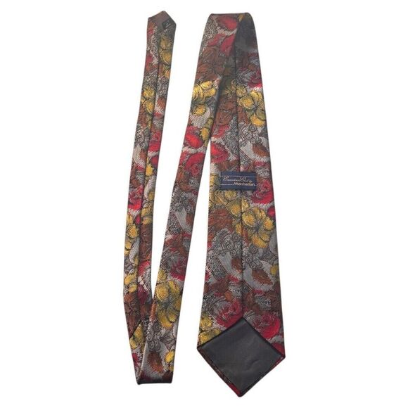 Executive‎ Club by Manhattan Mens Silk Blend Floral Tie Red Yellow Brown - Picture 3 of 4